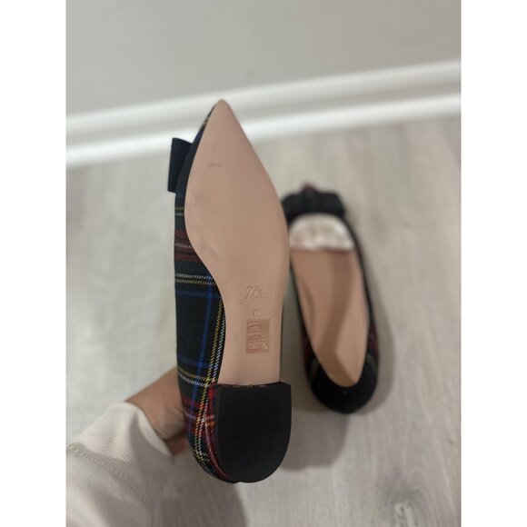 J Crew Pointed Toe Flats Womens Sz 9.5 Black Tartan Plaid Rhinestone Bow Preppy - Picture 7 of 9